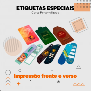 Etiquetas Especiais Dois Lados Couchê 250g 9x5cm Impressão somente frente - 4x4 UV Brilho Total Corte Personalizado 