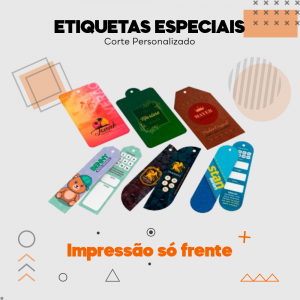 Etiquetas Especiais Um Lado Couchê 250g 9x5cm Impressão somente frente - 4x0 UV Brilho Total Corte Personalizado 
