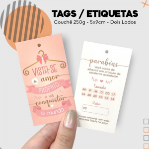 Etiquetas para roupa dois lados Couchê 250g 9x5cm Impressão frente e verso colorida - 4x4  Cantos Retos 