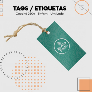 Etiquetas para roupa um lado Couchê 250g 9x5cm Impressão somente frente - 4x0 UV Brilho Total Cantos Retos 