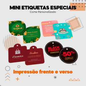 Mini Etiquetas Especiais Dois Lados Couchê 250g 4,5x5cm Impressão somente frente - 4x4 UV Brilho Total Corte Personalizado 