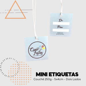 Mini Etiquetas para roupa Dois Lados Couchê 250g 5x4cm Impressão frente e verso colorida- 4x4 UV Brilho Total Cantos Retos 
